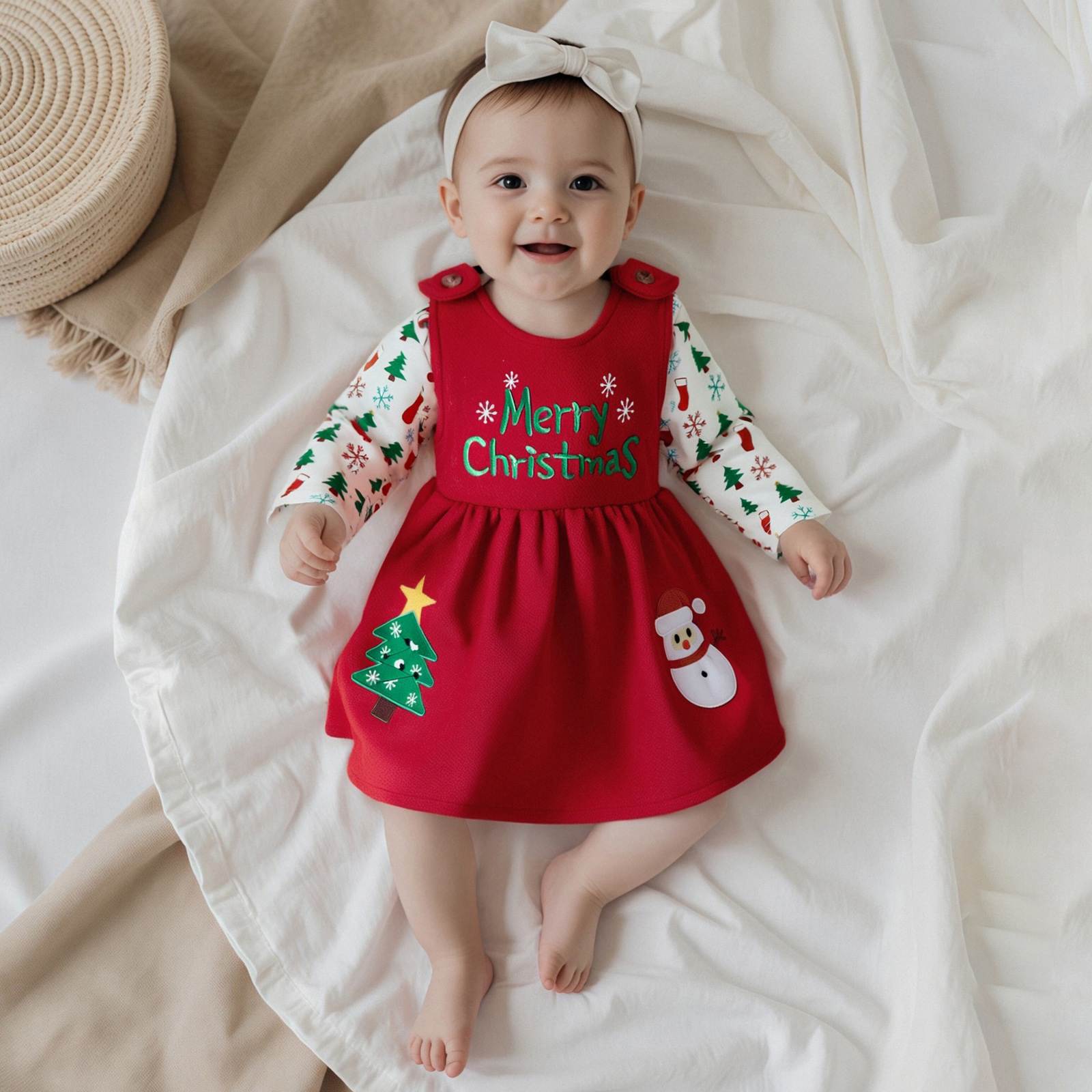 Embroidery Xmas Tree - Baby Girls Christmas Outfit Long Sleeve