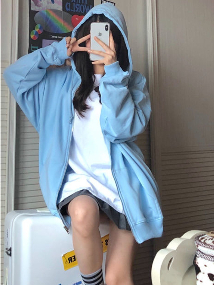 Embroidery Zip Up Hoodie - Oversized Hooded Sweatshirts Korean Fashion Loose