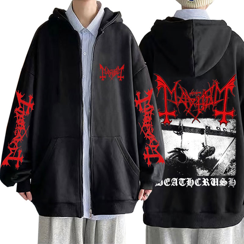 Embroidery Zip Up Hoodie - Mayhem Deathcrush Graphic Zipper Hoodie Male
