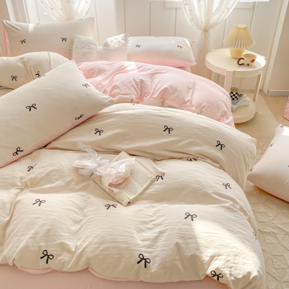3 Piece Sheet Set  pink bowkno – Embroidery Quilt Cover recenzja i cena
