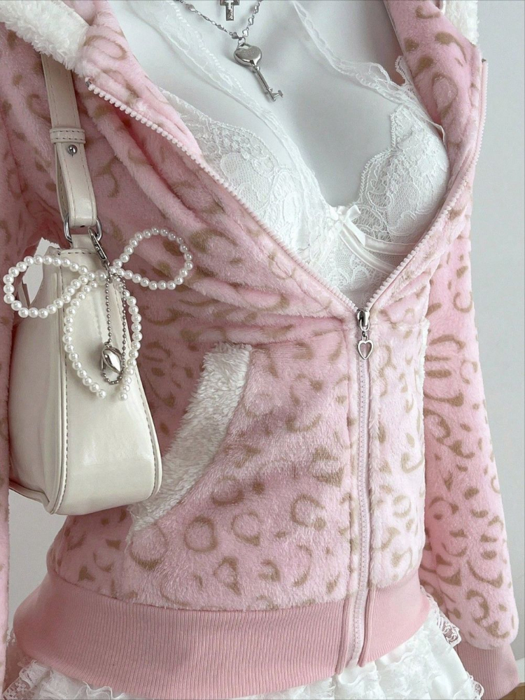 Cute pink Leopard Pint Hooded  – Embroidery Zip Up Hoodie recenzja i cena