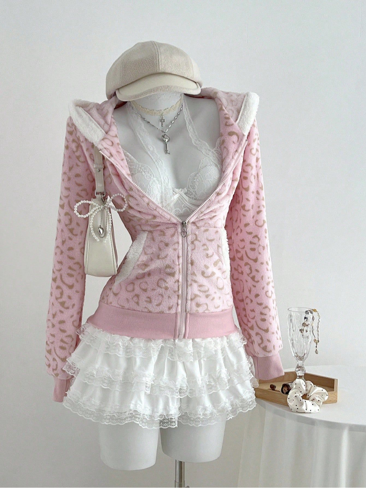 Cute pink Leopard Pint Hooded  – Embroidery Zip Up Hoodie recenzja i cena