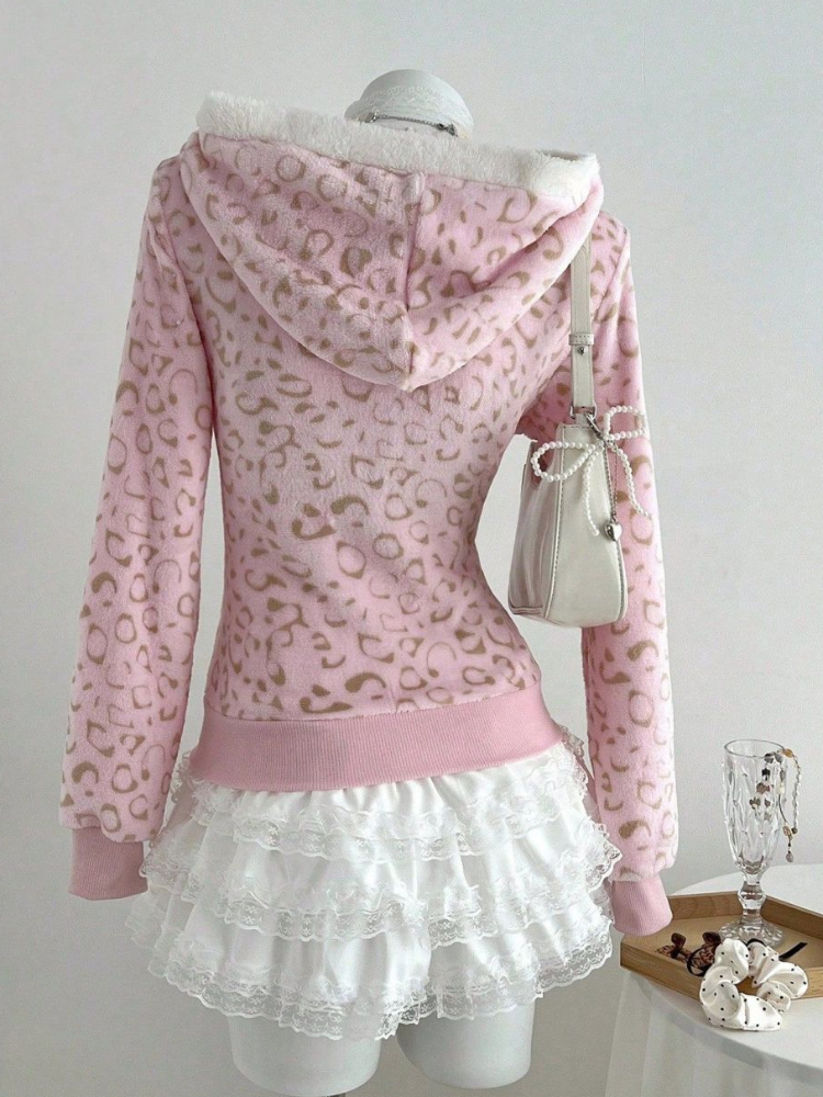 Cute pink Leopard Pint Hooded  – Embroidery Zip Up Hoodie recenzja i cena